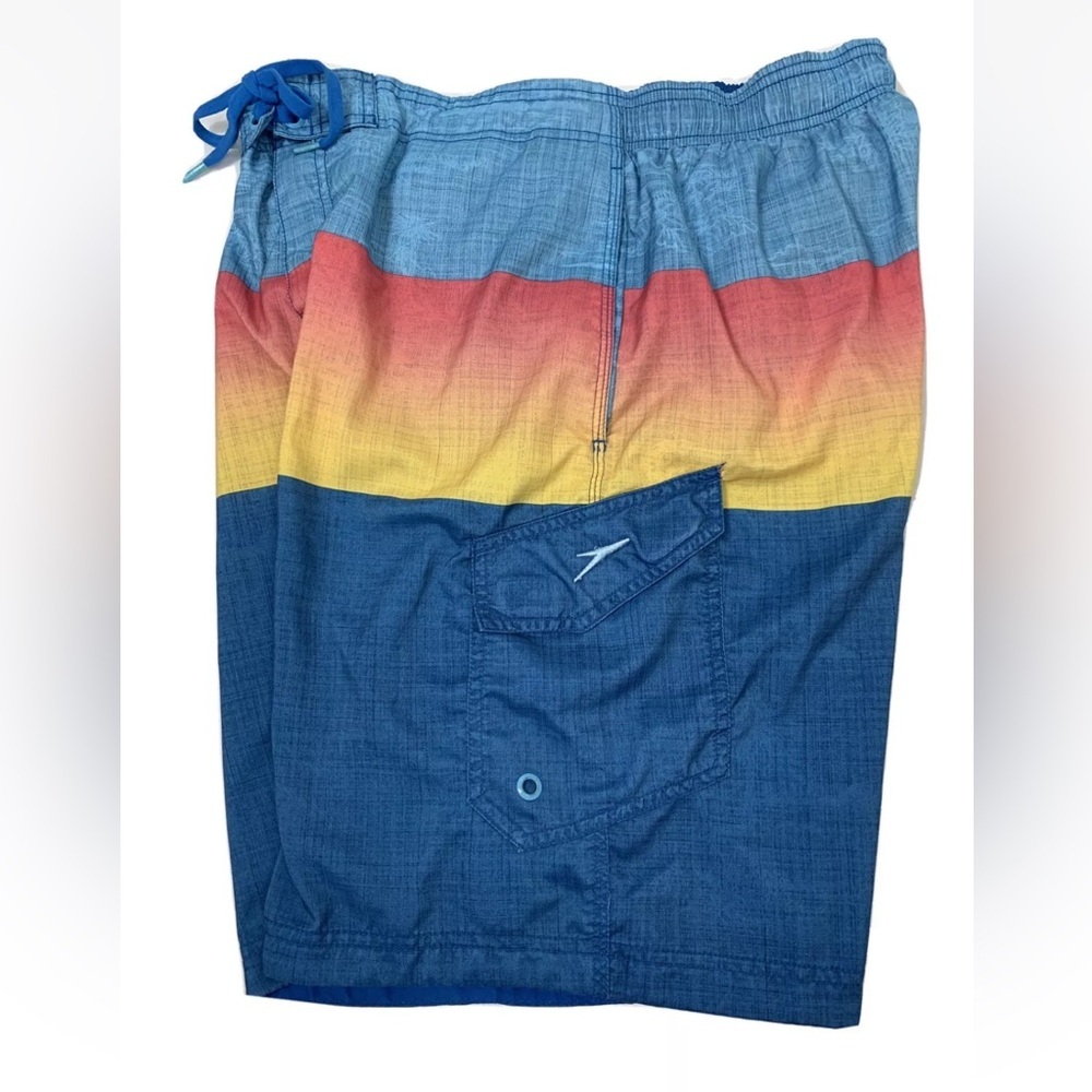 Speedo Swim Trunk Board Short 9” Mesh Lined Ombre Blue/Orange Color Block S